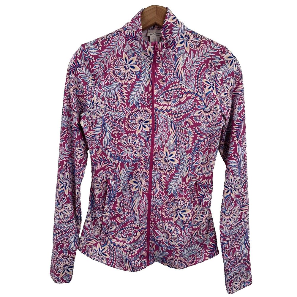 Tommy Bahama Women's Jacket Small Tennis Golf Zip Pink Floral Fitted Zip Pockets